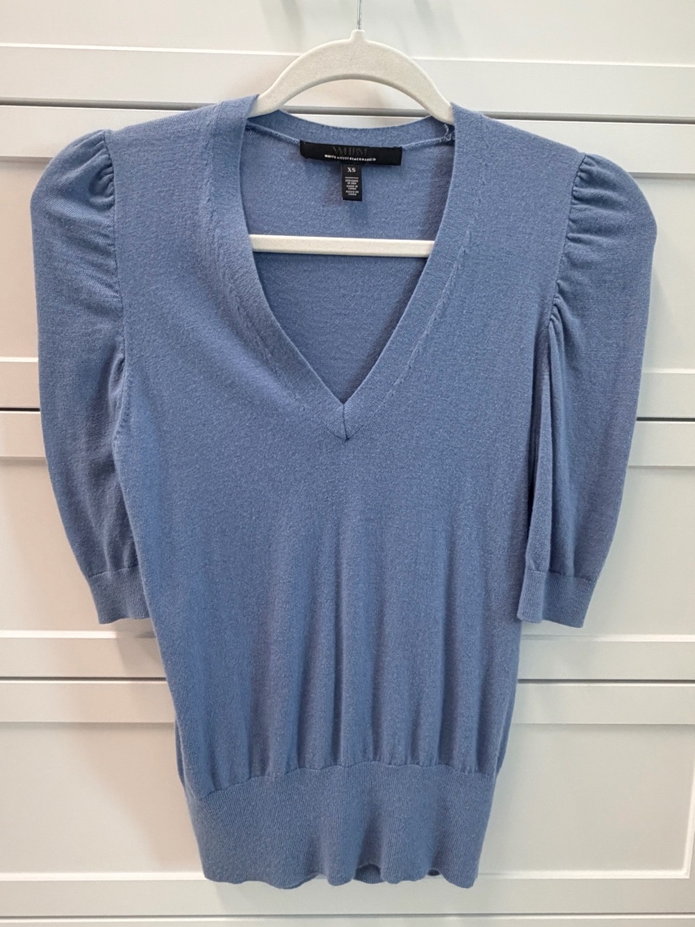 White House Black Market Dusty Blue V-Neck Puff Sleeve Sweater